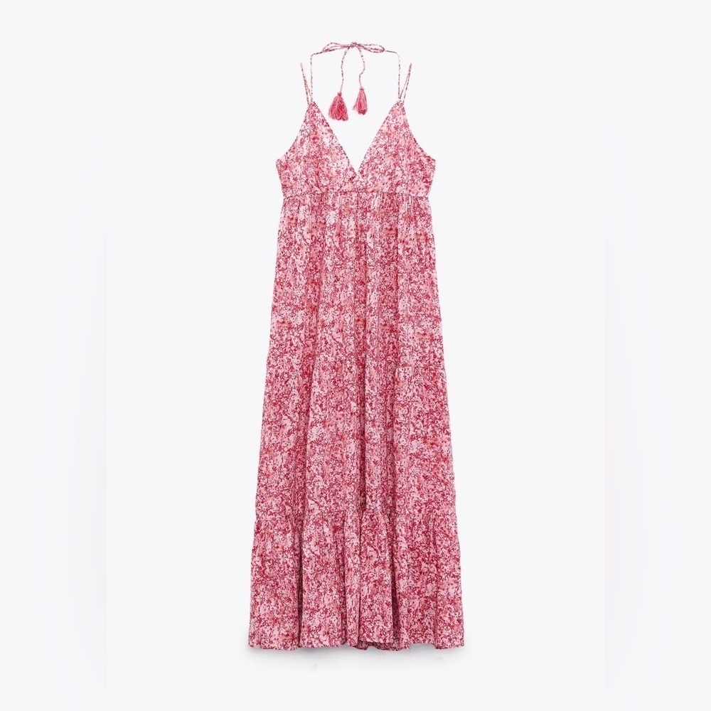 ZARA Floral Printed Strappy Midi Dress Womens Pink S